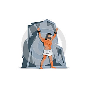 Prometheus on rock. In Greek mythology, titan, defender of people from the tyranny gods. Vector Illustration.