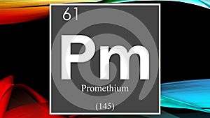 Promethium chemical element symbol on dark colored abstract background