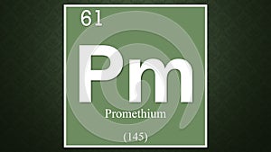 Promethium chemical element symbol on dark green abstract background