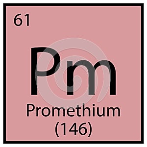 Promethium chemical symbol. Square frame. Mendeleev table element. Pink background. Vector illustration. Stock image.