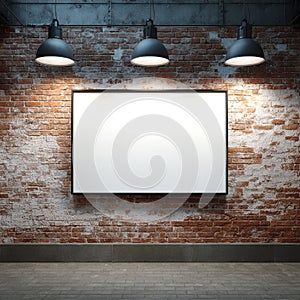 Blank White Frame on Rustic Brick Wall with Industrial Lighting
