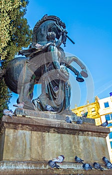Sculpture at the entrance of Placa Catalunya Catalonia square Barcelona