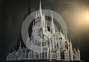 Prominent elements include a large rose window and ornate facade