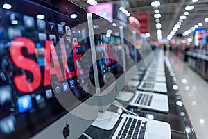 Prominent SALE signs, boldly emblazoned across each computer screen, indicating a lucrative offer or discount.