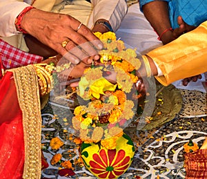 promise . hand on hand . indian wedding. bride and groom