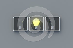 Promising discovery. Glowing light bulb on button