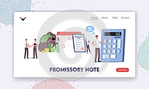 Promissory Note, Simple Loan Agreement Landing Page Template. Tiny Characters Promise to Pay, Money Borrowing Document