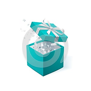 Promo banner with Open Gift Box and silver Confetti. Turquoise jewelry box. Template for cosmetics jewelry shops