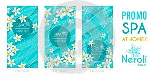 Promo beauty products vertical template with white neroli flowers
