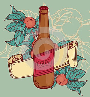 Promo card for cider season with beautiful branch of apple tree and bottle of cider