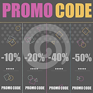 Promo code, coupon code. Flat vector banner design illustration on black background.