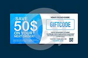 Promo code. Vector Gift Voucher with Coupon Code. Premium eGift Card Background for E-commerce, Online Shopping. Marketing