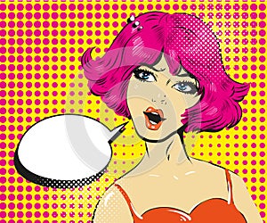 Promo girl your advertising brand here pop art retro style with pink hair