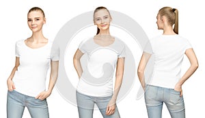 Promo pose girl in blank white tshirt mockup design for print and concept template young woman T-shirt front and side back view