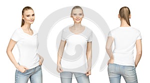 Promo pose girl in blank white tshirt mockup design for print and concept template young woman T-shirt front and side back view