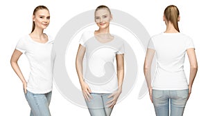 Promo pose girl in blank white tshirt mockup design for print and concept template young woman T-shirt front and side back view