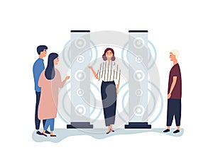 Promoter advertising stereo system flat vector illustration. Female sales manager, merchandiser helping customers