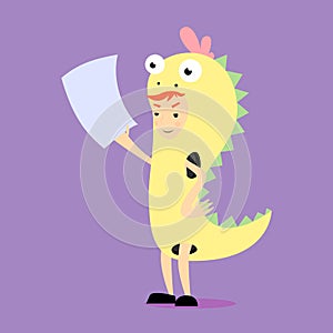 Promoter in dinosaur costume. Vector flat cartoon illustration