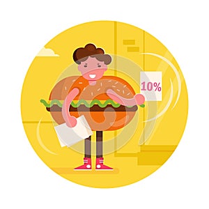 Promoter in a hamburger suit Vector. Cartoon. Isolated art