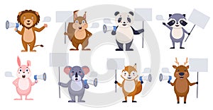 Promoters animals with blank banner. Happy cartoon animals with speech bubble.