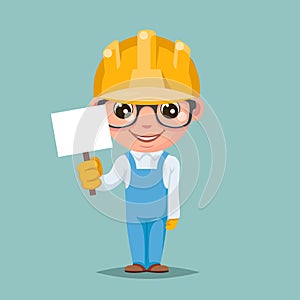 Promotion advert stick cute builder engeneer mascot happy support approval cartoon character design vector illustration photo