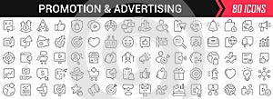 Promotion and advertising linear icons in black. Big UI icons collection in a flat design. Thin outline signs pack. Big set of