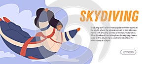 Promotion banner design of skydiving festival. Horizontal ad background template with woman flying with parachute. Web