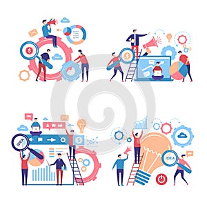 Promotion characters. Business people advertise announcing campaigns through pas vector concept pictures