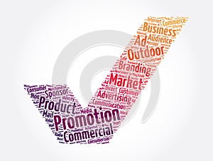 Promotion check mark word cloud collage, business concept background