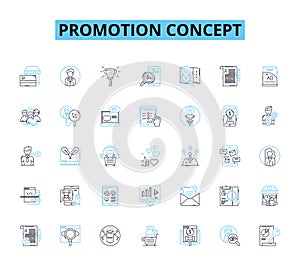 Promotion concept linear icons set. Advertising, Branding, Campaign, Discount, Endorsement, Giveaway, Incentive line