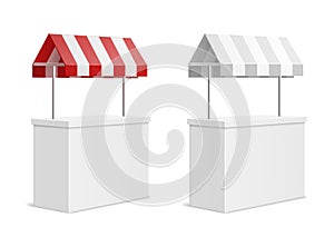 Promotion counter. 3d exhibition stand mockup with fabric striped canopy, mini market portable place, advertising