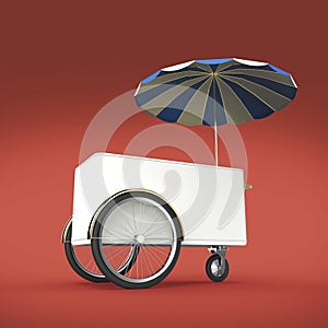 Promotion counter on wheels with umbrella, food, ice cream, hot dog push cart Retail Trade Stand Isolated render