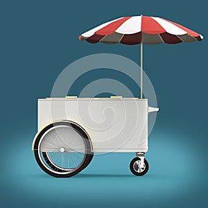 Promotion counter on wheels with umbrella, food, ice cream, hot dog push cart Retail Trade Stand render