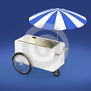 Promotion counter on wheels with umbrella, food, ice cream, hot dog push cart Retail Trade Stand render