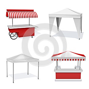 Promotion counters outdoor realistic set. Party, marquee tents. Canopy.