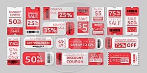 Promotion coupon, ticket with sales with barcode or QR code. Discount card and voucher, blank gift paper template, gift