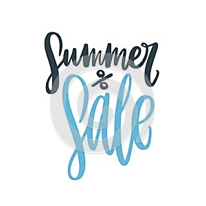 Promotion handwritten inscription with cursive advertising text. Summer Sale lettering with percent sign for seasonal