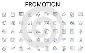 Promotion line icons collection. Premiere, Debut, Kickoff, Release, Unveiling, Launch, Open vector and linear photo