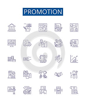 Promotion line icons signs set. Design collection of Advertising, Push, Campaign, Launch, Event, Sales, Upsell