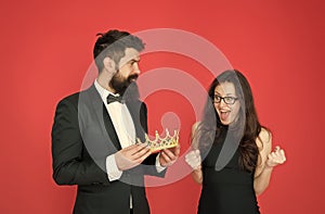 Promotion and reward. Prom queen. Bearded man sexy girl. Royal party. Prom couple in formal style. Prom party. Holiday