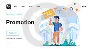 Promotion web concept. Man holds special offer sign and sale announcement, attraction of buyers. Template of people scene. Vector