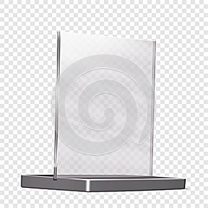 Promotional acrylic display stand realistic mockup. Clear square plexi stand on transparent background mock-up