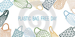 Promotional banner featuring recycled shopping bags. Vector flat illustration of a day without a plastic bag.