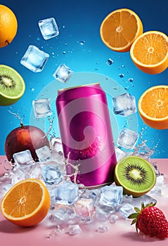promotional can drink product packaging showcase mockup with fruit and ice cube element