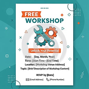 The background features a teal gradient with abstract geometric