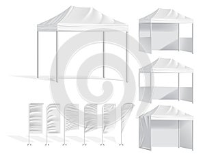 Promotional outdoor mobile tents and flags. Mock up blank template of advertising mobile tent.