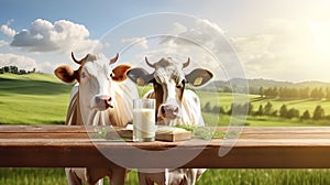 Promotional photo of dairy products with calves and milk in the meadows of Switzerland.