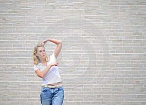 Promotional photo of a woman pointing to the right side
