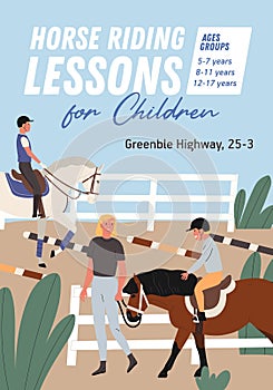 Promotional poster for horse riding school or lessons for children. Advertising banner for jockey courses. Vertical