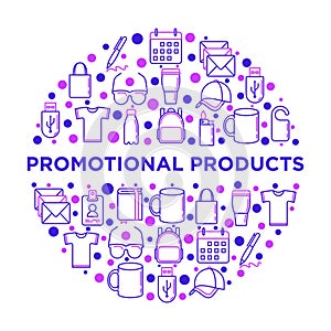 Promotional products concept in circle with thin line icons: notebook, tote bag, sunglasses, t-shirt, water bottle, pen, backpack